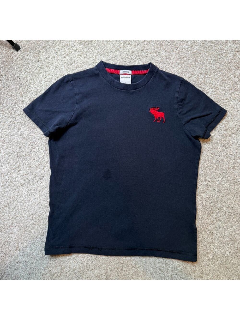 Abercrombie Kids Navy Red Moose Logo Tee Muscle Fit Youth Large Y2K Cotton